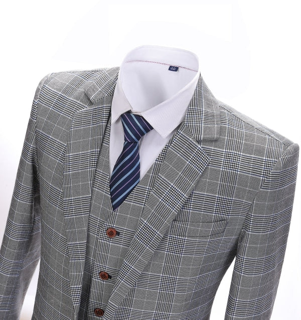 Men's 3 Pieces Classic Light Grey Herringbone Plaid Suit