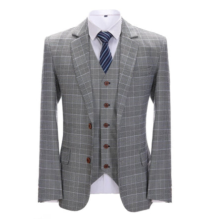 Men's 3 Pieces Classic Light Grey Herringbone Plaid Suit