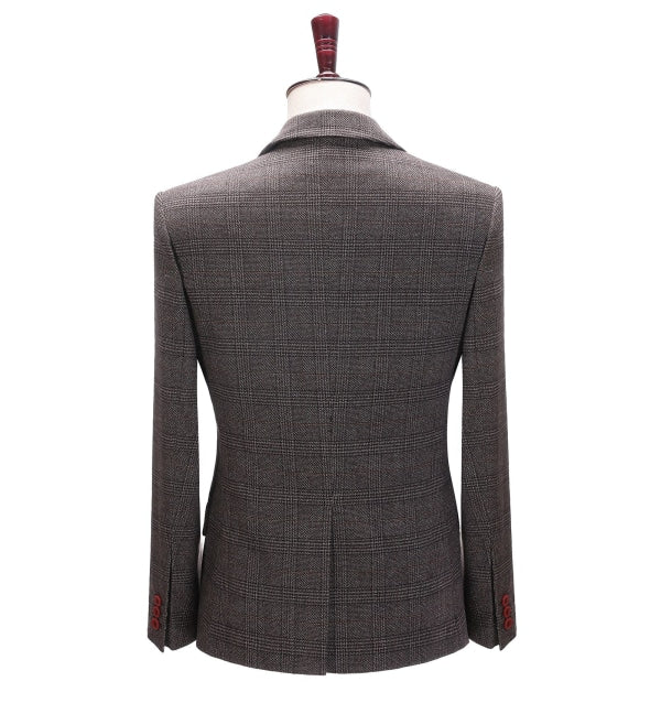 Men's 3 Pieces Classic Coffee Herringbone Plaid Suit