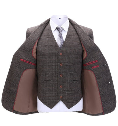 Men's 3 Pieces Classic Coffee Herringbone Plaid Suit