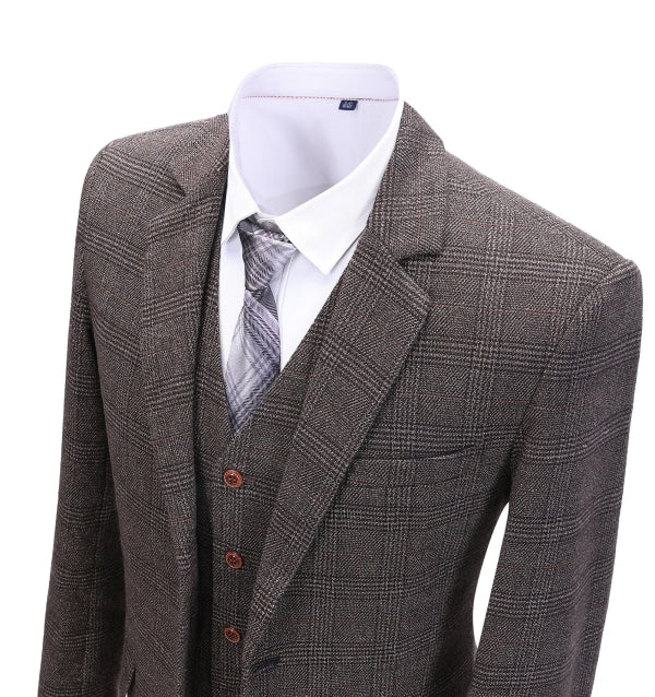 Men's 3 Pieces Classic Coffee Herringbone Plaid Suit