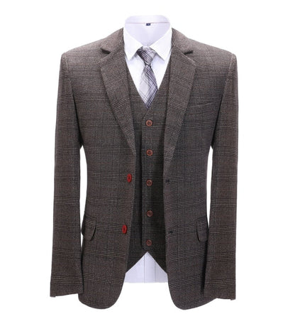 Men's 3 Pieces Classic Coffee Herringbone Plaid Suit