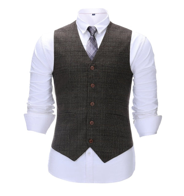 Men's 3 Pieces Classic Coffee Herringbone Plaid Suit