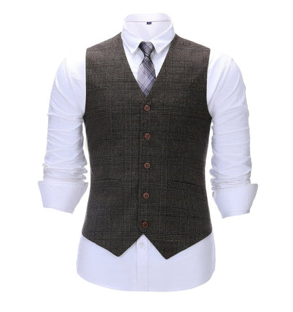 Men's 3 Pieces Classic Coffee Herringbone Plaid Suit