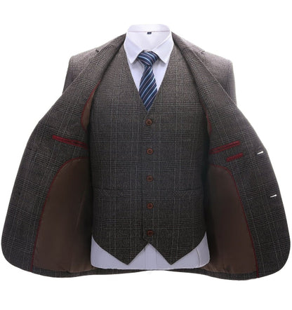 Men's 3 Pieces Classic Dark Coffee Herringbone Plaid Suit