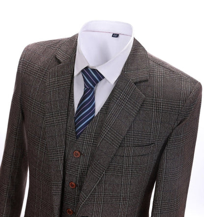 Men's 3 Pieces Classic Dark Coffee Herringbone Plaid Suit