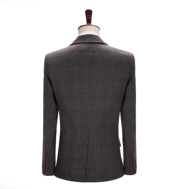 Men's 3 Pieces Classic Dark Coffee Herringbone Plaid Suit