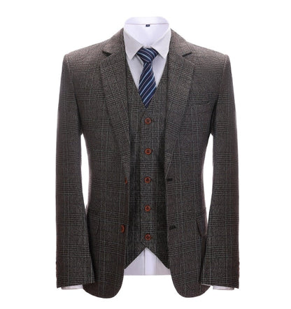 Men's 3 Pieces Classic Dark Coffee Herringbone Plaid Suit