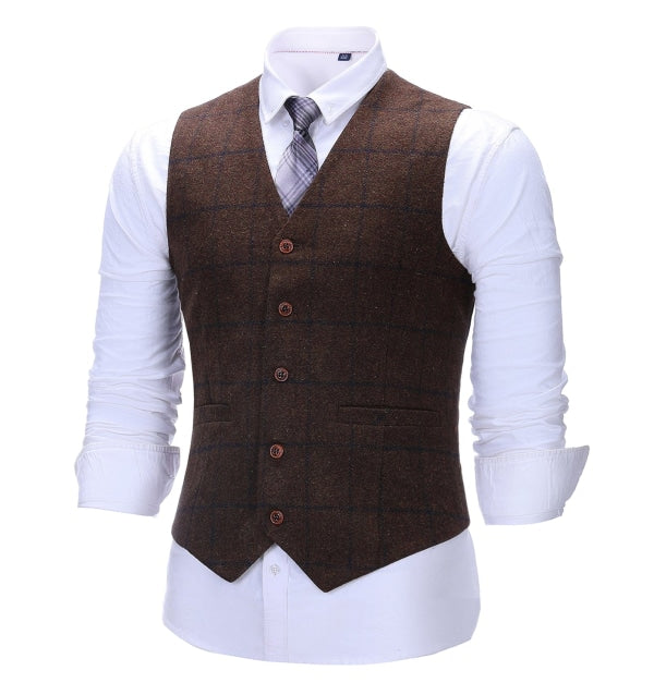 Men's 3 Pieces Classic Coffee Tweed Plaid Suit