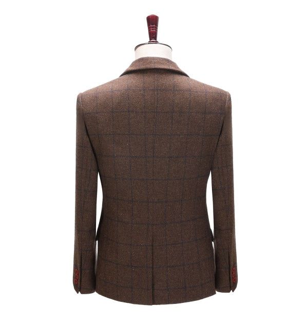 Men's 3 Pieces Classic Coffee Tweed Plaid Suit