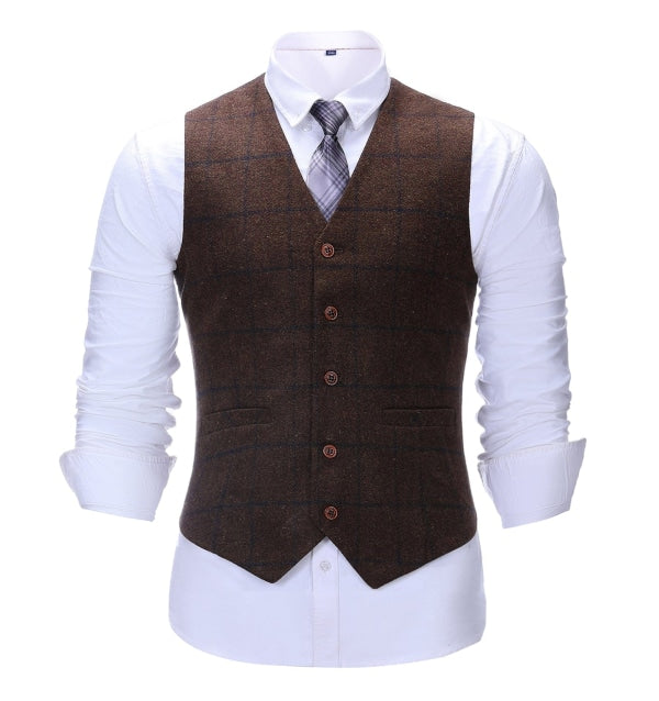 Men's 3 Pieces Classic Coffee Tweed Plaid Suit