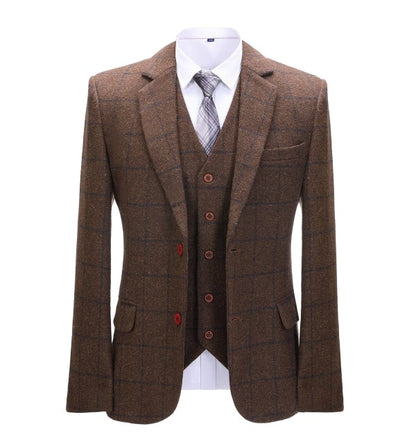 Men's 3 Pieces Classic Coffee Tweed Plaid Suit