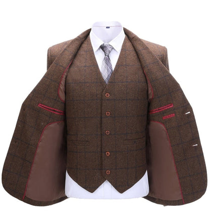 Men's 3 Pieces Classic Coffee Tweed Plaid Suit