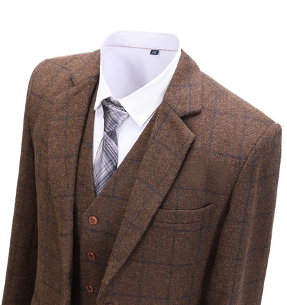 Men's 3 Pieces Classic Coffee Tweed Plaid Suit