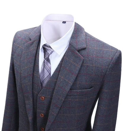 Men's 3 Pieces Classic Dark Grey Blue Tweed Plaid Suit