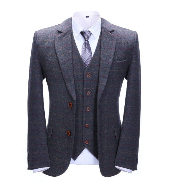 Men's 3 Pieces Classic Dark Grey Blue Tweed Plaid Suit