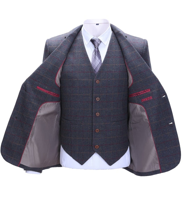 Men's 3 Pieces Classic Dark Grey Blue Tweed Plaid Suit