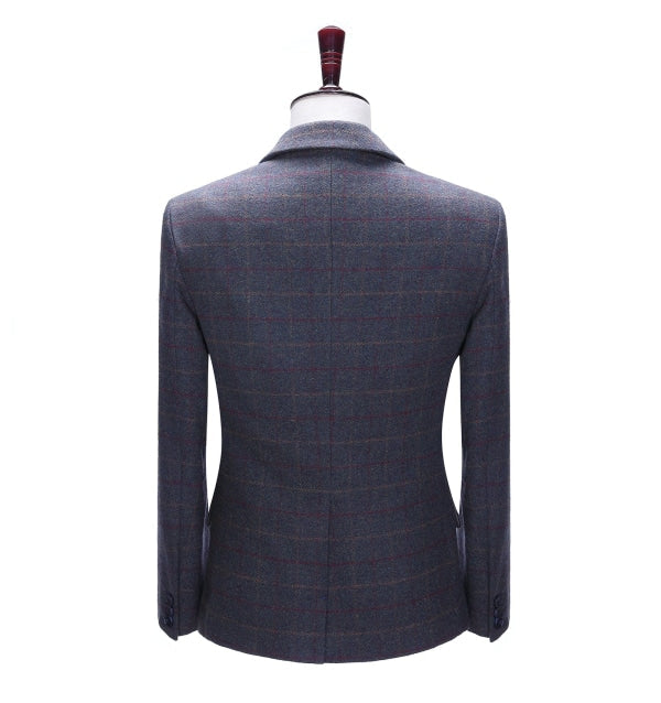 Men's 3 Pieces Classic Dark Grey Blue Tweed Plaid Suit