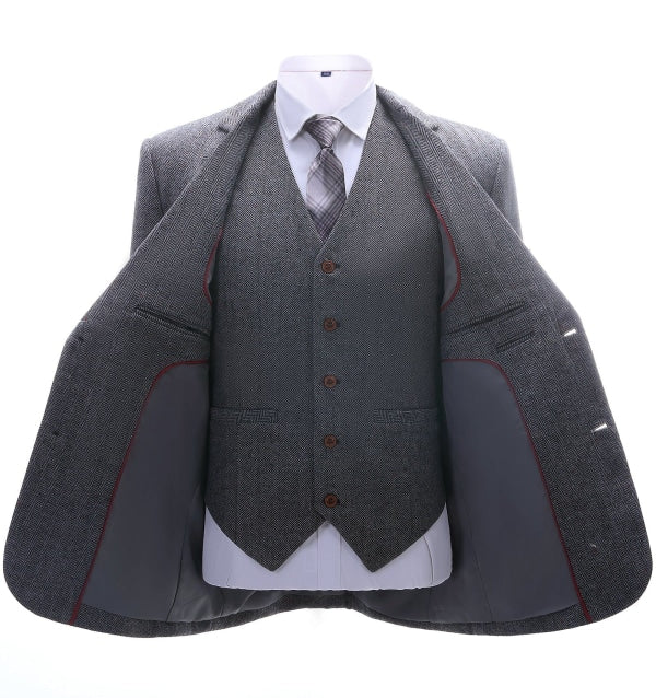 Men's 3 Pieces Classic Solid Dark Grey Herringbone Suit