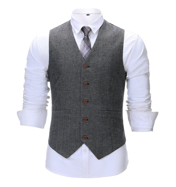 Men's 3 Pieces Classic Solid Dark Grey Herringbone Suit