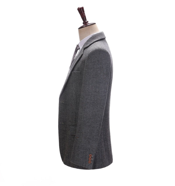 Men's 3 Pieces Classic Solid Dark Grey Herringbone Suit