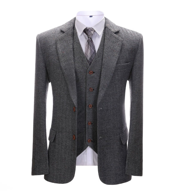 Men's 3 Pieces Classic Solid Dark Grey Herringbone Suit