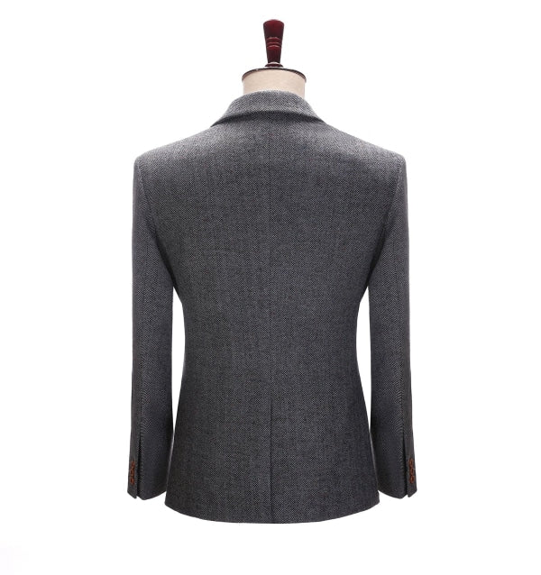 Men's 3 Pieces Classic Solid Dark Grey Herringbone Suit