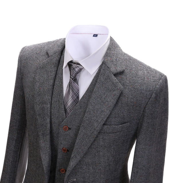 Men's 3 Pieces Classic Solid Dark Grey Herringbone Suit