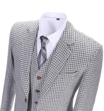 Men's 3 Pieces Classic White And Black Plaid Suit