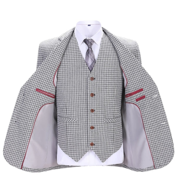 Men's 3 Pieces Classic White And Black Plaid Suit