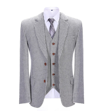 Men's 3 Pieces Classic White And Black Plaid Suit