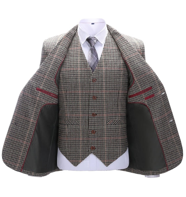 Men's 3 Pieces Classic Khaki Plaid Suit