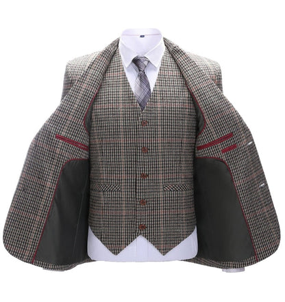 Men's 3 Pieces Classic Khaki Plaid Suit