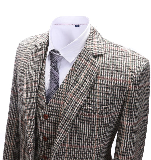 Men's 3 Pieces Classic Khaki Plaid Suit