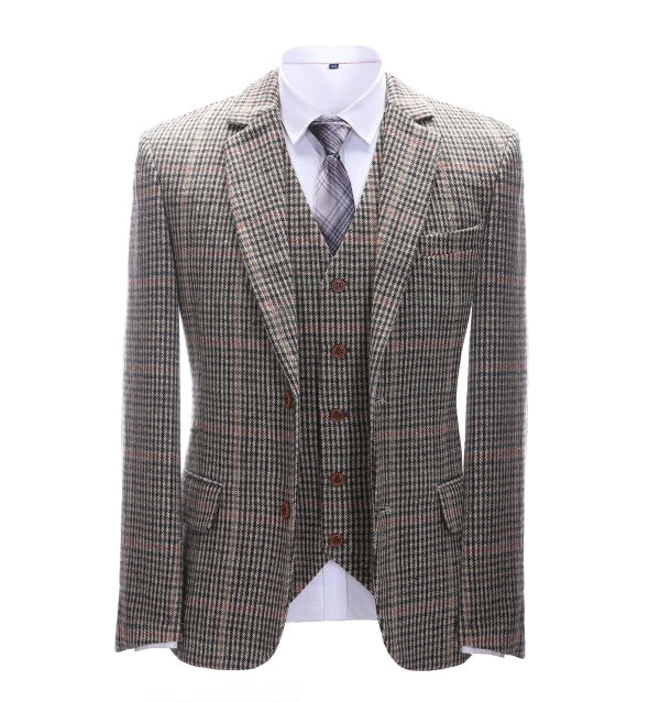 Men's 3 Pieces Classic Khaki Plaid Suit