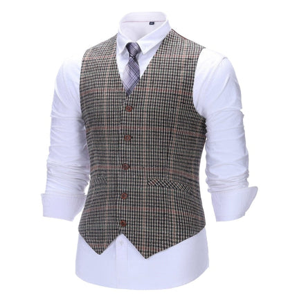 Men's 3 Pieces Classic Khaki Plaid Suit