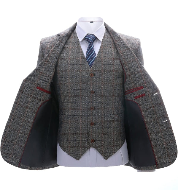 Men's 3 Pieces Classic Gray-Brown Plaid Suit