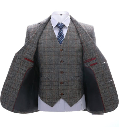 Men's 3 Pieces Classic Gray-Brown Plaid Suit