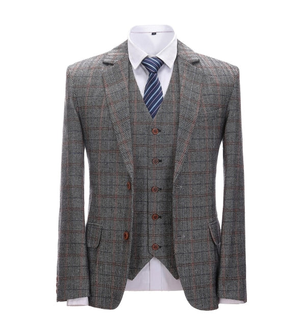 Men's 3 Pieces Classic Gray-Brown Plaid Suit