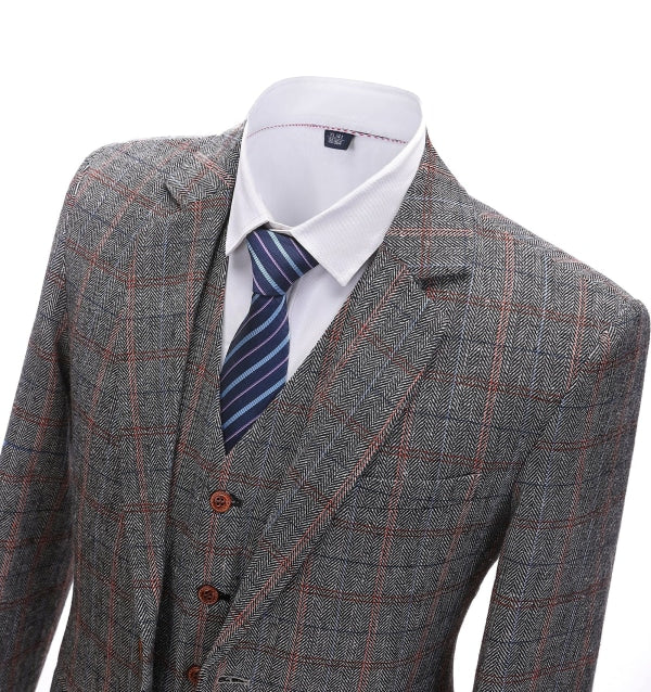 Men's 3 Pieces Classic Gray-Brown Plaid Suit