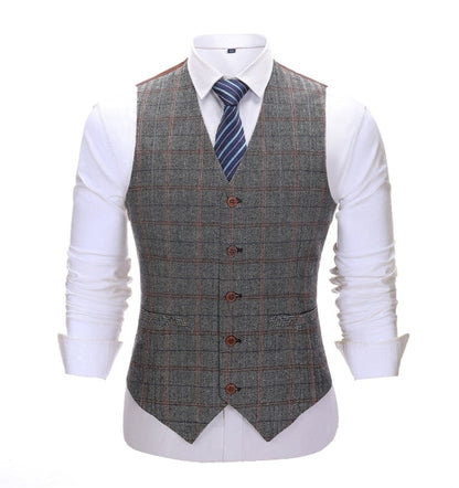 Men's 3 Pieces Classic Gray-Brown Plaid Suit