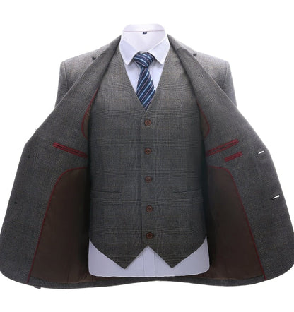 Men's 3 Pieces Classic Fine Grey Check Suit