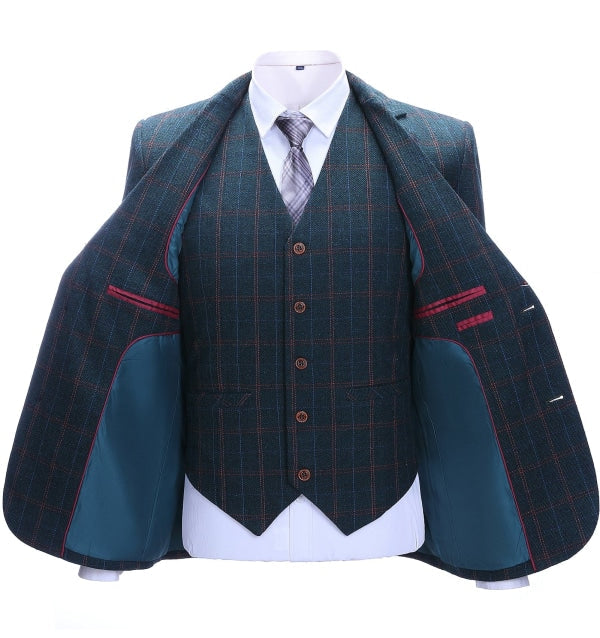 Men's 3 Pieces Classic Cyan And Orange Plaid Suit