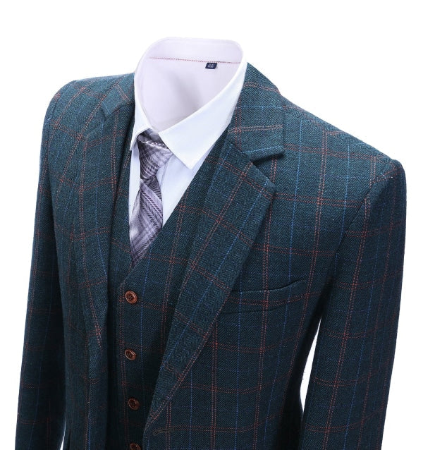 Men's 3 Pieces Classic Cyan And Orange Plaid Suit