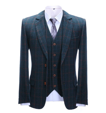 Men's 3 Pieces Classic Cyan And Orange Plaid Suit