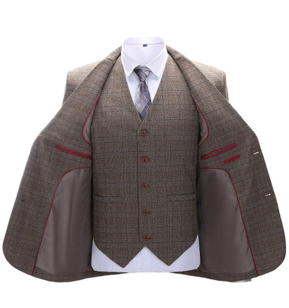 Men's 3 Pieces Classic Brown Herringbone Plaid Suit