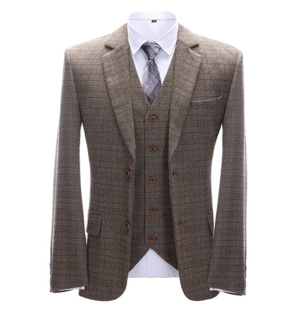 Men's 3 Pieces Classic Brown Herringbone Plaid Suit