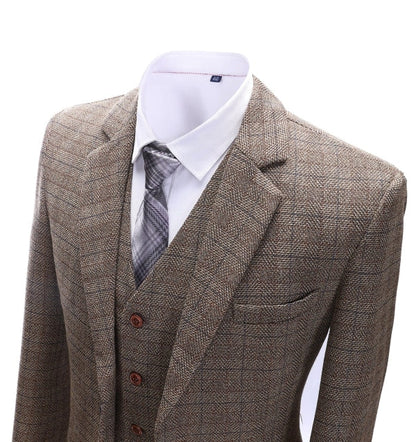 Men's 3 Pieces Classic Brown Herringbone Plaid Suit