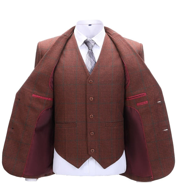 Men's 3 Pieces Classic Brick Red Plaid Suit