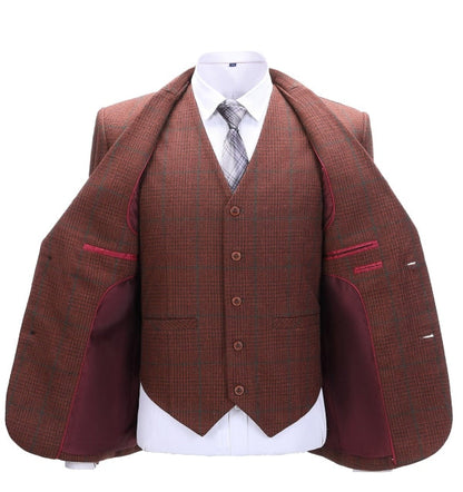 Men's 3 Pieces Classic Brick Red Plaid Suit